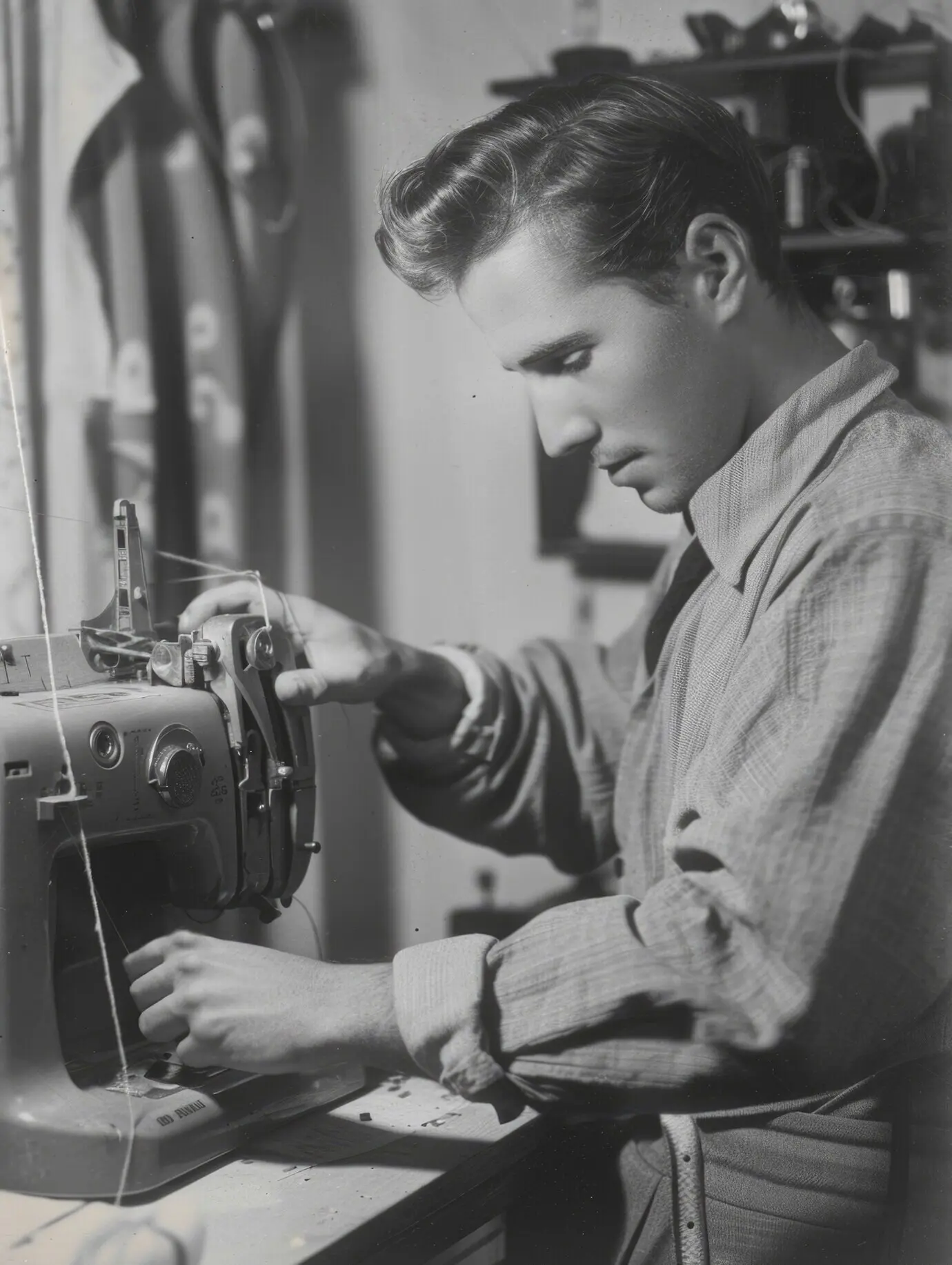 Monochromes Porträt eines Mannes im Retro-Stil, der Hausarbeit und Haushaltsaufgaben erledigt.