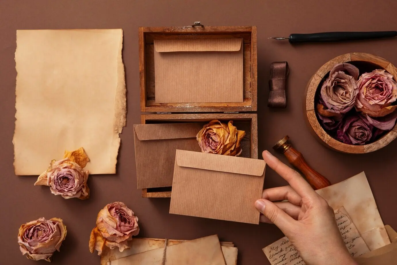 Draufsicht auf eine Hand, die einen Liebesbrief hält.