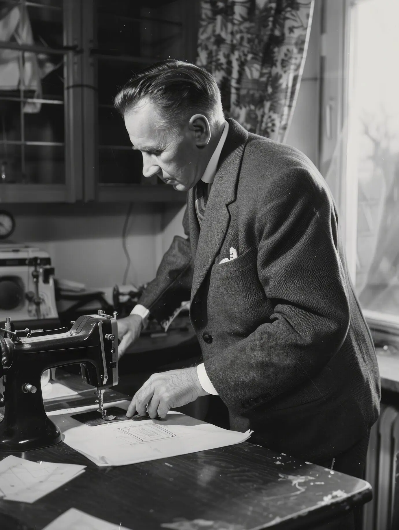 Monochromes Porträt eines Mannes im Retro-Stil, der Hausarbeit macht und Haushaltsaufgaben erledigt.